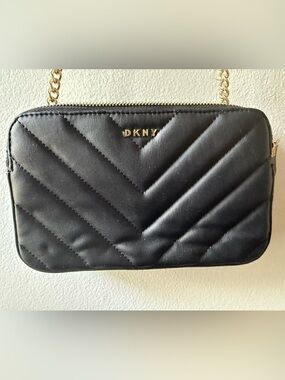 DKNY Veronica Double Zip Crossbody in black quilted leather with gold hardware